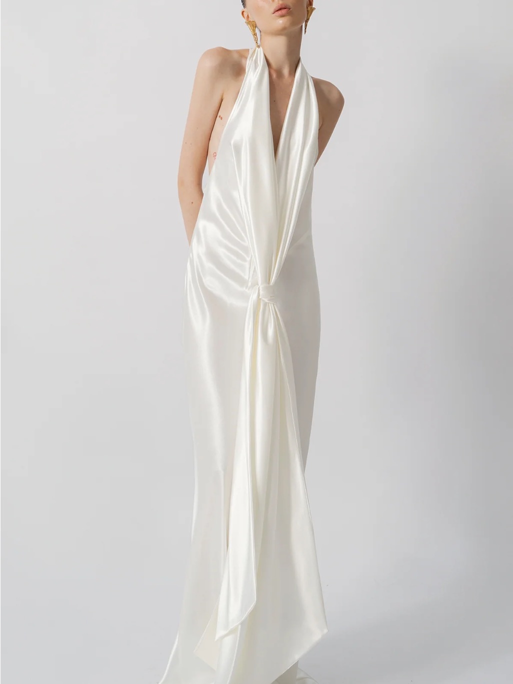 Backless Satin Halter Gown In Ivory - Elegant Women's Dress